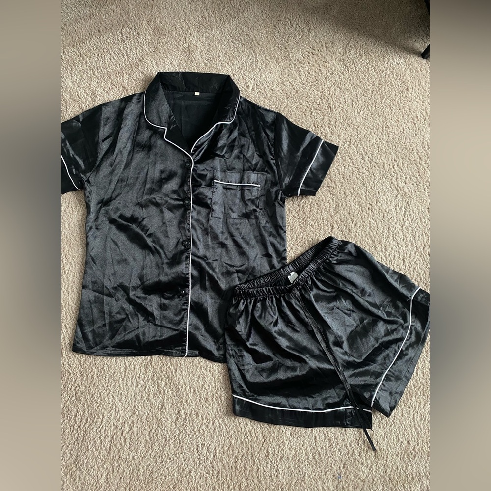 Black Satin Pajama Set with White Trim